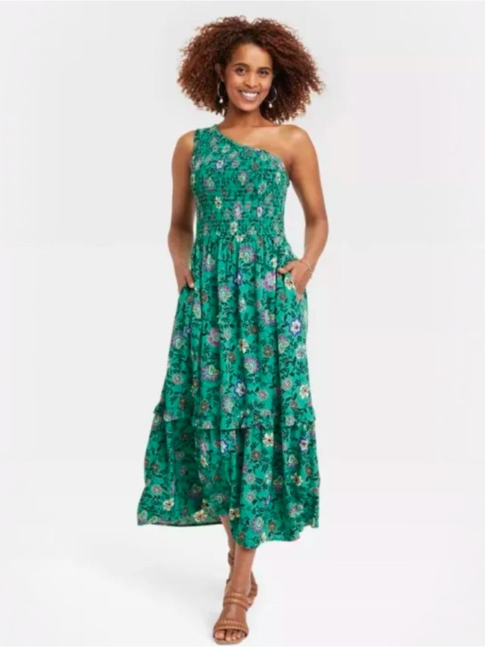 Knox Rose XXL Green Floral One Shoulder Smocked Tiered Boho Maxi Dress Rayon